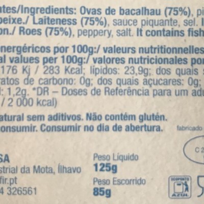 Rótulo com ingredientes, informação nutricional, peso e dados do fabricante em português e francês.