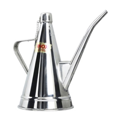 Recipiente metálico com alça e bico longo em aço inoxidável com etiqueta INOX