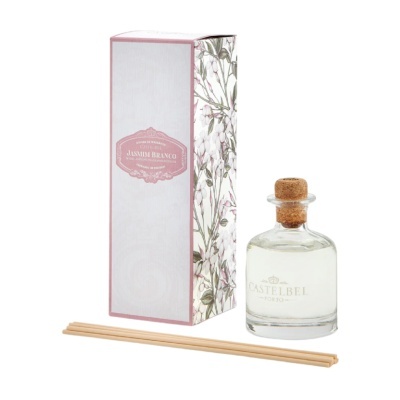 Difusor de fragrância com caixa decorada, garrafa de vidro e pauzinhos de madeira