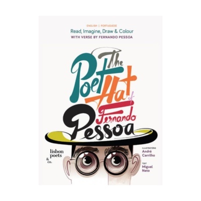 Capa de livro The Poet Hat of Fernando Pessoa com ilustrações e texto colorido