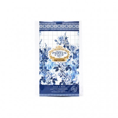 Saco perfumado Portus Cale com padrão azul e branco e detalhes dourados
