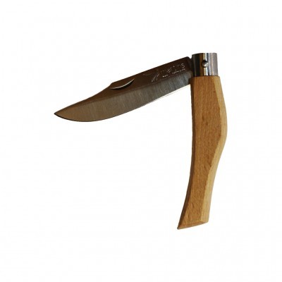 faca metálica com cabo em madeira clara e lâmina aberta