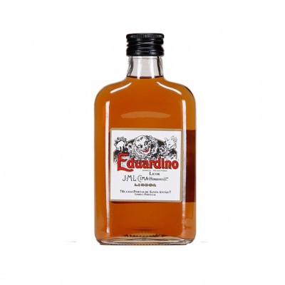 Frasco pequeno de vidro com líquido castanho e rótulo branco com texto e imagens