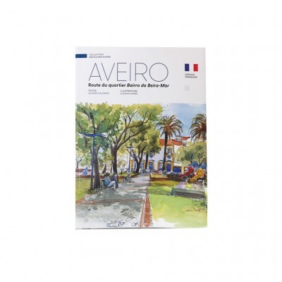 Livro ilustrado 'AVEIRO Route du quartier Bairro da Beira-Mar' com desenho de árvore e passeio