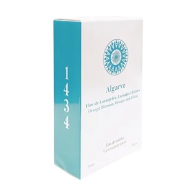 Caixa de perfume branca com detalhes azuis e texto de descrição do produto