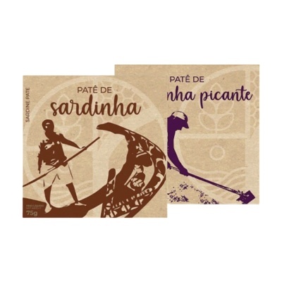 Embalagens de paté de sardinha e vinho picante com ilustrações de pescador e agricultor