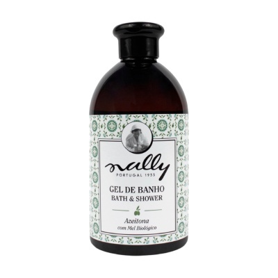 Frasco castanho de gel de banho Nally com rótulo branco e verde