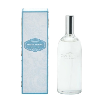 Perfume para roupa Flor de Algodão da Castelbel com embalagem azul e frasco transparente