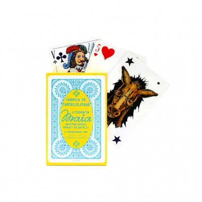 Cartas de jogar Lithografia Sousa com desenhos coloridos incluindo valete, cinco de copas e burro