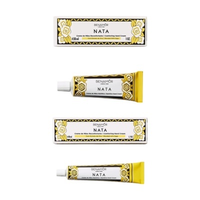 Embalagens e tubos de creme de mãos Benamôr Nata com design floral amarelo e branco