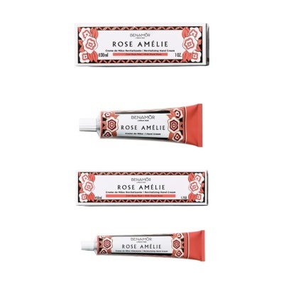 Embalagens de creme de mãos Benamôr Rose Amélie com design floral em branco, rosa e vermelho.