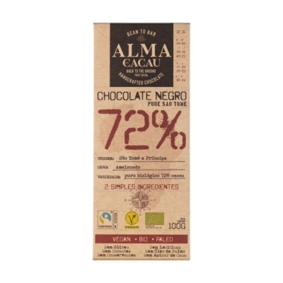 Barra de chocolate negro ALMA CACAU 72% cacau em embalagem castanha com texto e selos