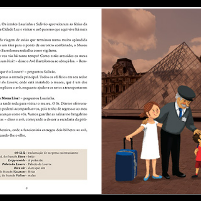 Página de livro com texto e ilustração de duas personagens com malas azuis