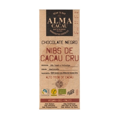 Barra de chocolate negro ALMA CACAU em embalagem de papel castanho