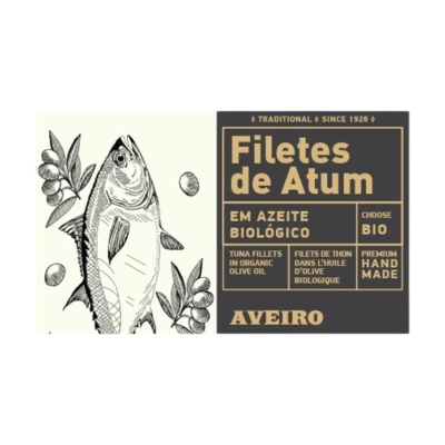 Rótulo de filetes de atum em azeite biológico, texto e ilustração