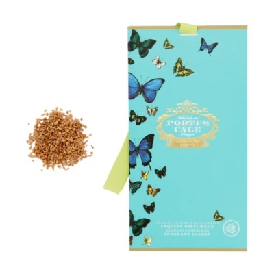 Saqueta perfumada azul turquesa com borboletas e grânulos marrons