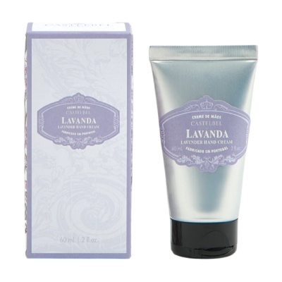 Creme de mãos Castelbel Lavanda com embalagem branca e lilás e tubo prateado