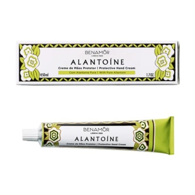 Creme de mãos protector Benamôr Alantoíne com embalagem e caixa decoradas com flores em verde e branco