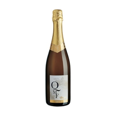 Garrafa de espumante QMF Bronze com rótulo branco e dourado e tampa dourada