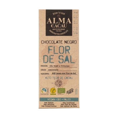 Embalagem de chocolate negro ALMA CACAU com flor de sal em papel kraft