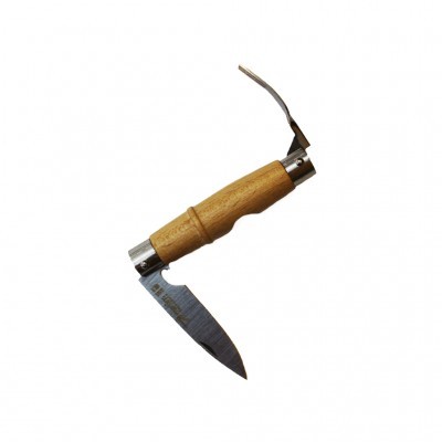 Canivete com cabo de madeira clara e lâmina metálica com texto