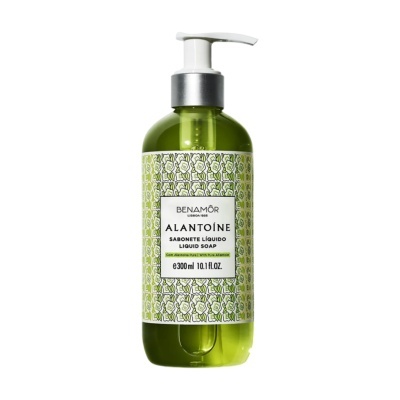 Frasco de sabonete líquido verde com válvula pump e etiqueta decorativa