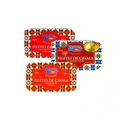 Três latas coloridas de filetes de cavala Brisa Gourmet