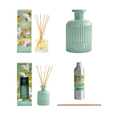 Conjunto de difusores de aromas com frascos de vidro e cerâmica verde e embalagens ilustradas