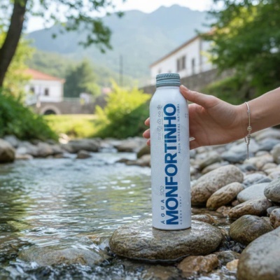 Garrafa branca de água mineral natural MONFORTINHO junto a rio com pedras