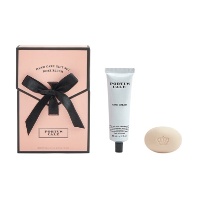 Conjunto de creme de mãos e sabonete com embalagem rosa e laço preto