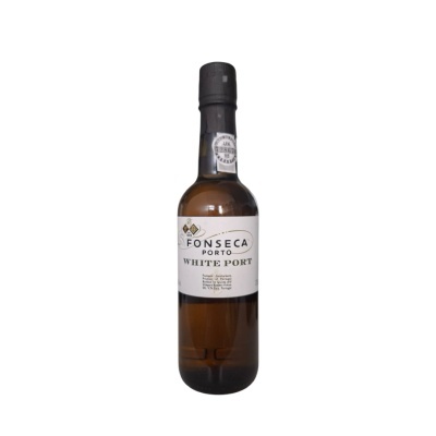 Garrafa de vinho do Porto branco Fonseca com rótulo branco