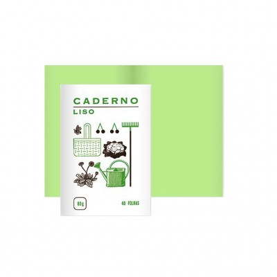 Caderno liso branco com ilustrações verdes de jardim e fundo verde
