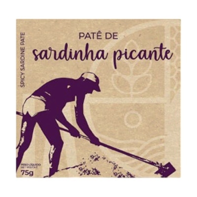 Embalagem de patê de sardinha picante com ilustração e texto.