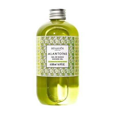 Frasco de gel de banho Benamôr Alantoíne com líquido verde e rótulo padrão verde e branco