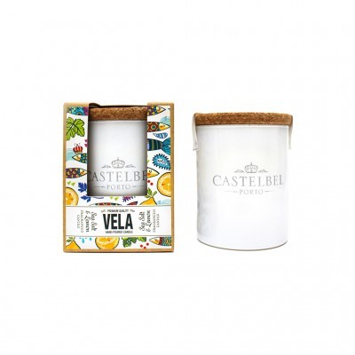 Vela CASTELBEL PORTO em cerâmica branca com tampa de cortiça e embalagem colorida
