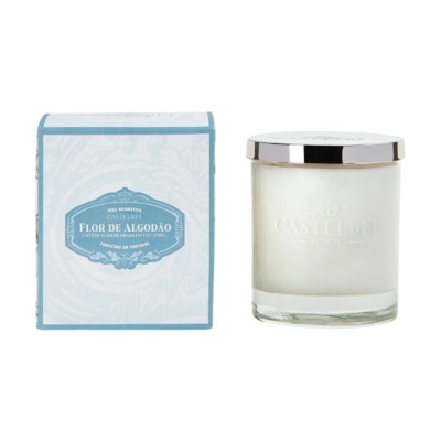 Vela aromática Flor de Algodão CASTELBEL em vidro branco e caixa azul