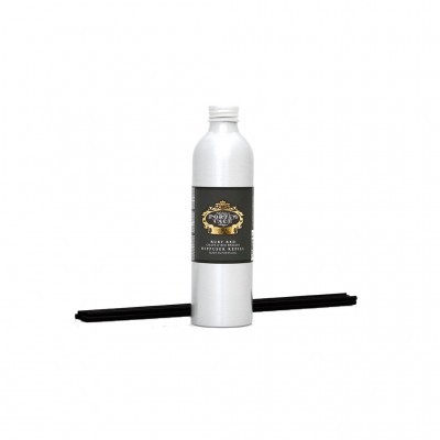 Frasco cinzento metálico com rótulo preto e palitos pretos