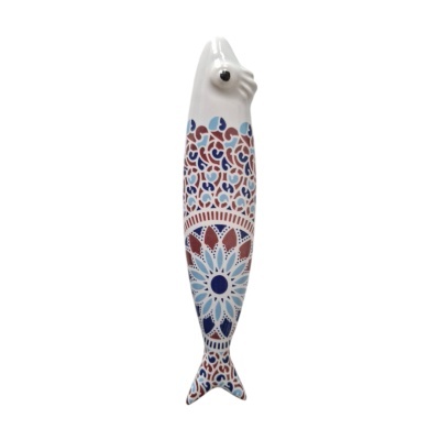 Figura decorativa de peixe em cerâmica com padrão colorido