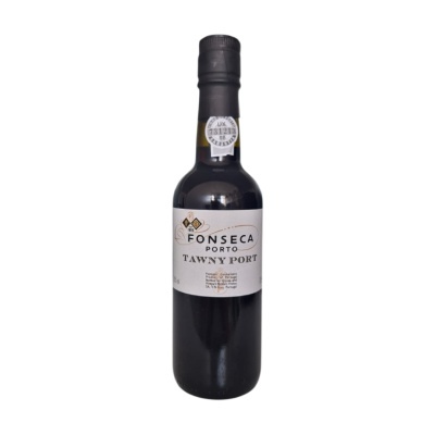 Garrafa de vinho do Porto Fonseca Tawny Port com rótulo branco e tampa preta