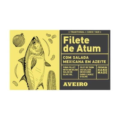 Etiqueta de embalagem amarelo e preta com ilustração de peixe e texto Filete de Atum com salada mexicana em azeite