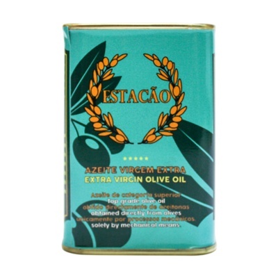 Lata de azeite virgem extra azul com ilustração de azeitonas e texto dourado
