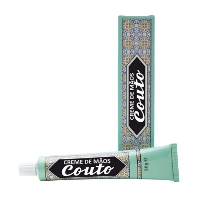 Embalagem e tubo verde água de creme de mãos Couro com padrão azulejo e texto preto e branco