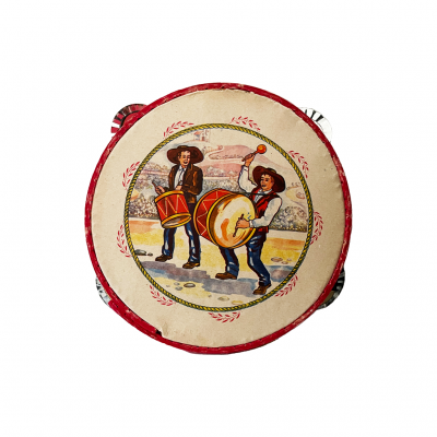 Vista superior de tambor de brinquedo redondo com ilustração de dois tocadores de tambor
