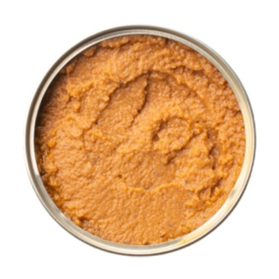 Lata aberta com puré castanho alaranjado