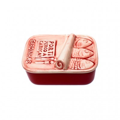 Caixa decorativa de cerâmica vermelha com tampa em relevo com três sardinhas e texto PORTA PERCA CABEÇA SARDINHAS