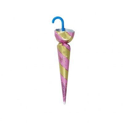 Guarda-chuva fechado com capa rosa, riscas douradas e cabo azul
