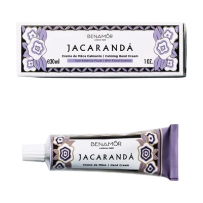 Creme de mãos BENAMÔR JACARANDÁ em embalagem e caixa com decoração floral lilás e preta
