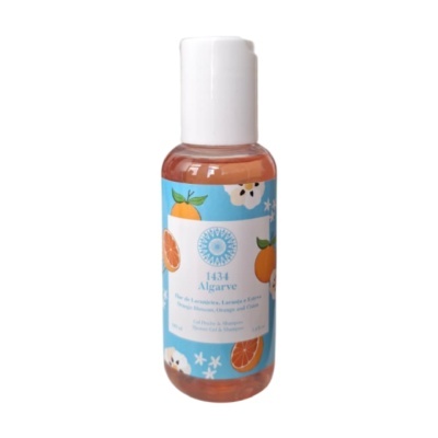 Frasco de gel de duche e champô 1434 Algarve com rótulo azul e ilustrações de laranja