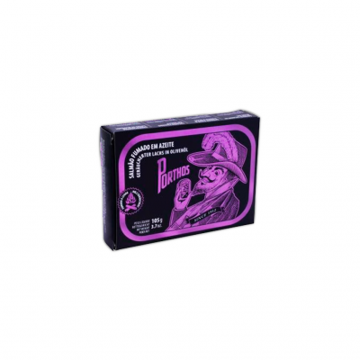 Embalagem preta e roxa de salmão fumado em azeite com ilustração de personagem a fumar