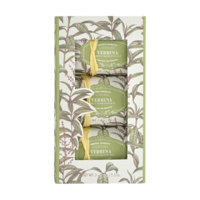 Conjunto de três sabonetes aromáticos Castlebell Verbena em caixa decorada com folhas